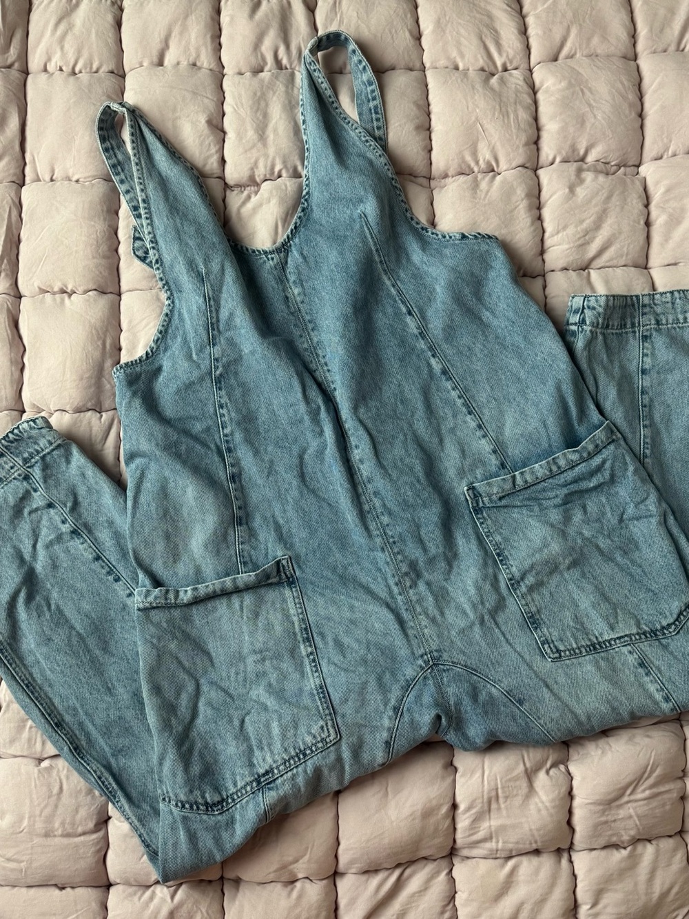 We The Free Free People Light Blue Denim Overalls Jumpsuit size L